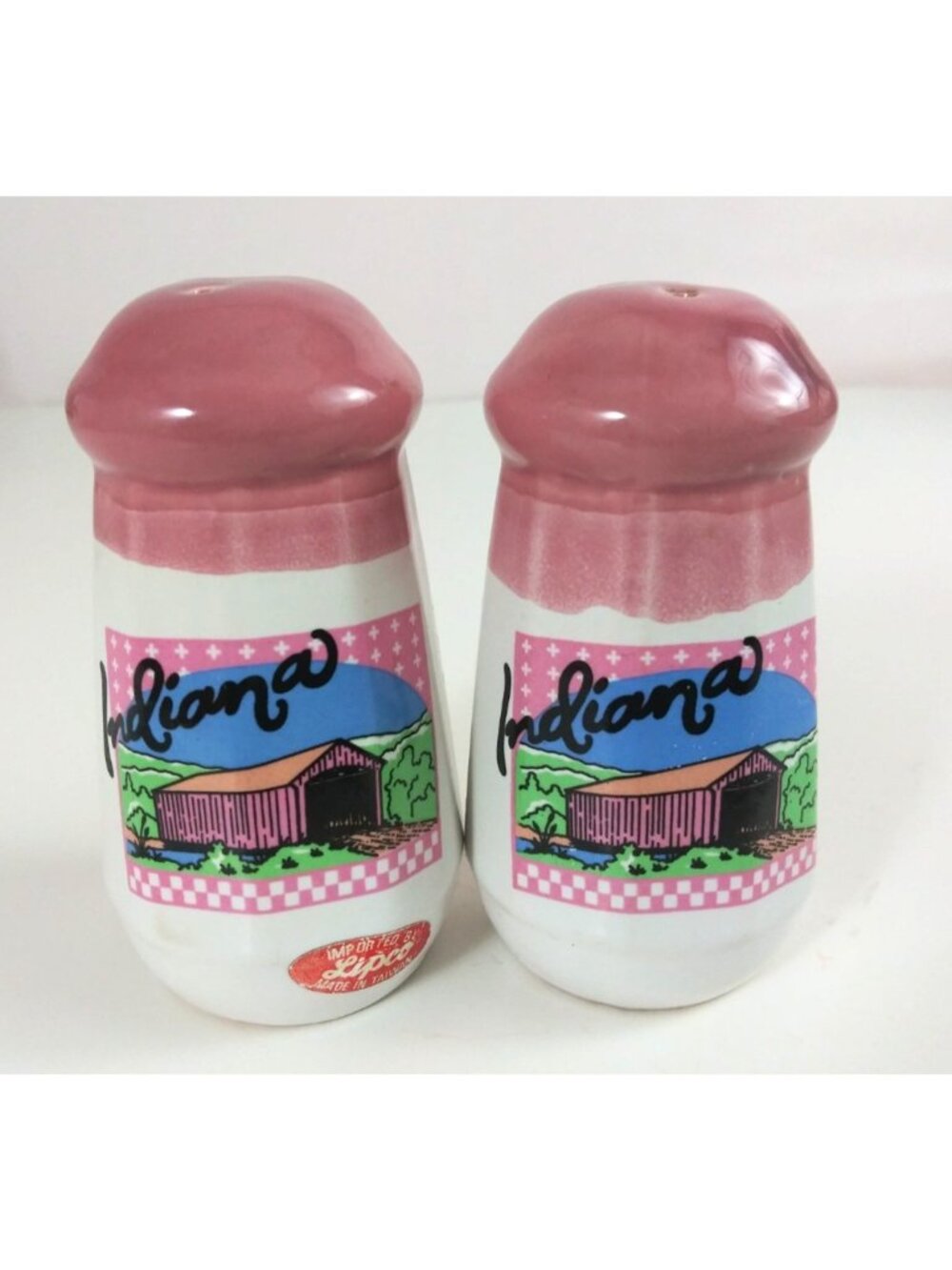 Vintage Lipco Indiana Covered Bridge Pink & White Salt & Pepper Shakers